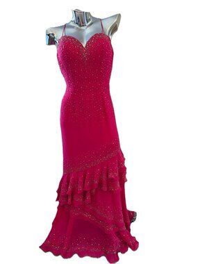 VTG 00's Marys Sequin Formal Dress Gown Sz 4 Barbie Pink Tiered Fairy Erethereal